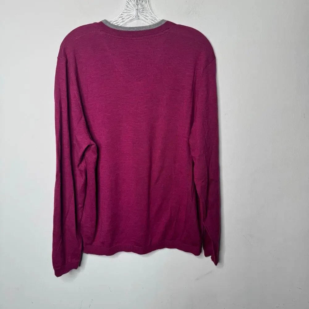 Robert Graham 100% Wool V-Neck‎ Sweater 2XL Purple Gray Trim Long Sleeve Knit